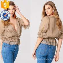 Apricot Ruffled Deep V-Neck Three Quarter Length Sleeve Summer Blouse Manufacture Wholesale Fashion Women Apparel (TA0033B)